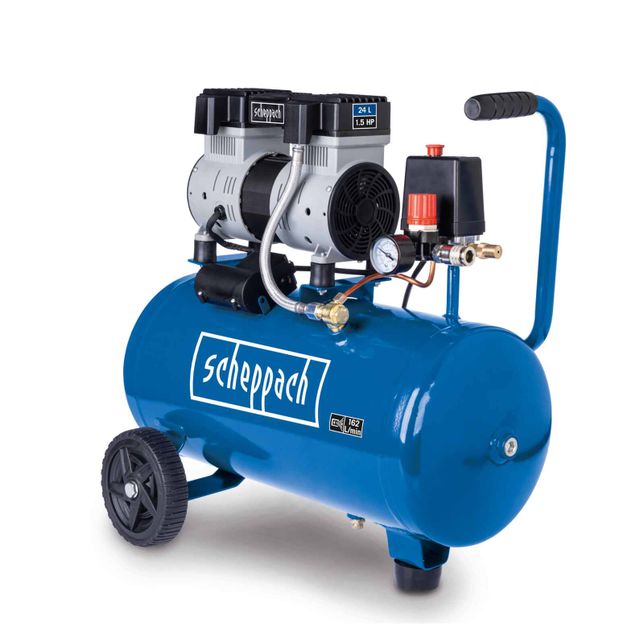 Scheppach Silent Compressor with 24-litre tank and 1.5 HP power. Suitable for various applications.